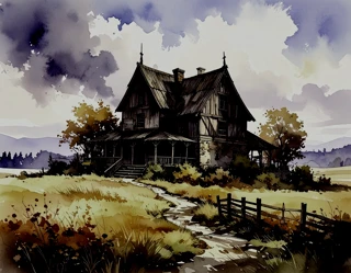 An abandoned decrepit farmhouse in a barren field